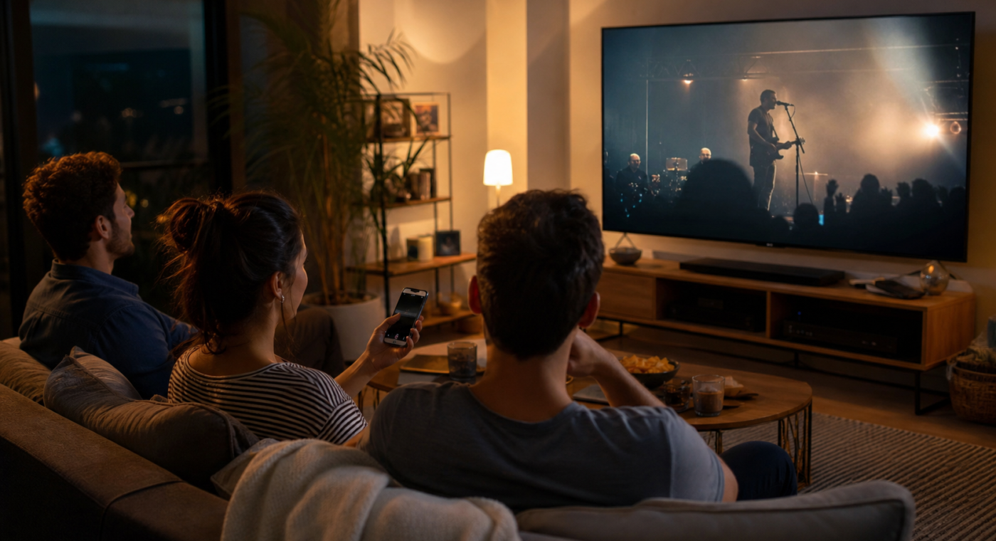 Tres personas miran un concierto en una televisión conectada mientras una usa un teléfono como segunda pantalla