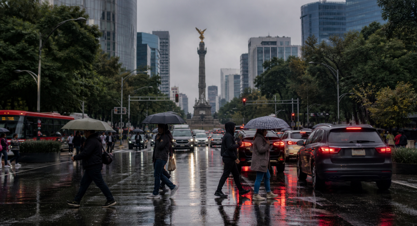Avenida de la Ciudad de México con tráfico lento y cielo nublado durante una tarde de lluvia.