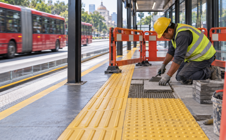 Ilustración editorial generada con IA de trabajos en una guía táctil de una estación de transporte; no documenta una estación ni un cierre real del Metrobús.